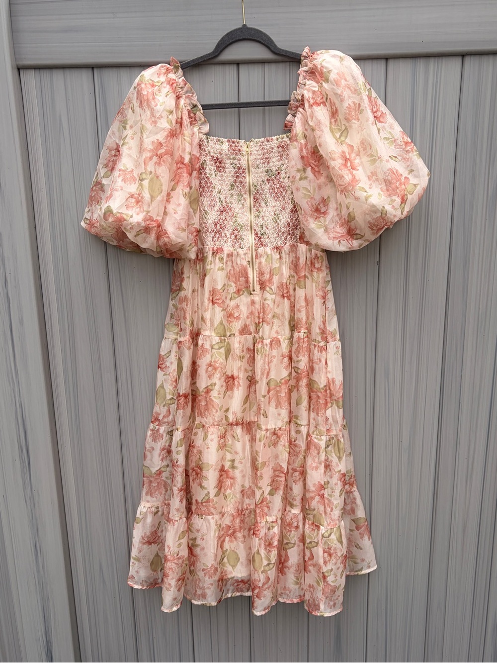Smocked Floral Midi Dress with Puff Sleeves in Blush - Picture 3 of 3